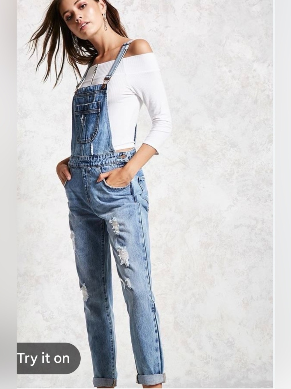 Forever 21 Light Blue Ripped Denim Overalls
